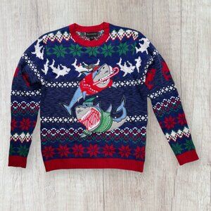 Blizzard Bay Men's M Blue Crewneck Ugly Christmas Shark Fair Isle Sweater